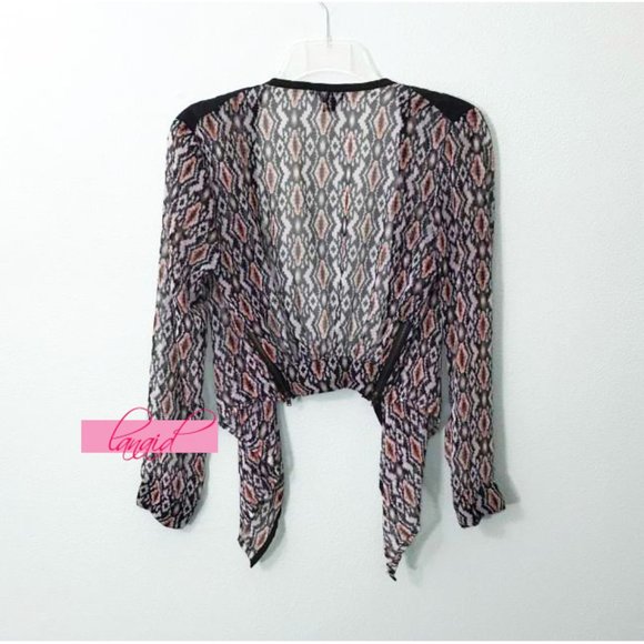 Sheer Mesh Aztec Cropped Back High-Low See-Through Zipper Cardigan Shrug Bolero - Picture 2 of 9